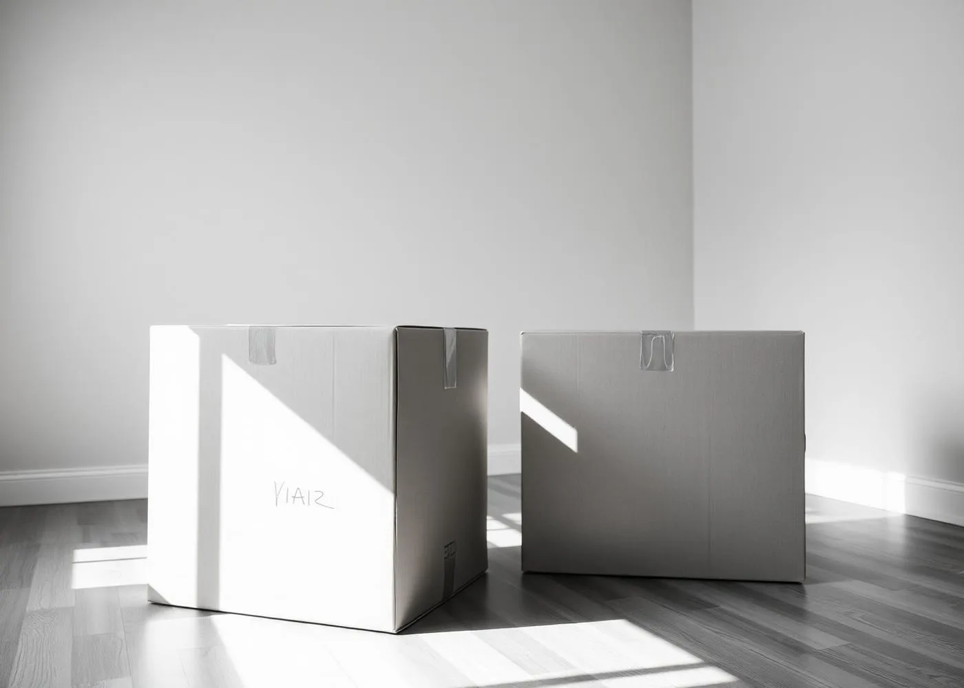 Two cardboard moving boxes in a sunlit empty room