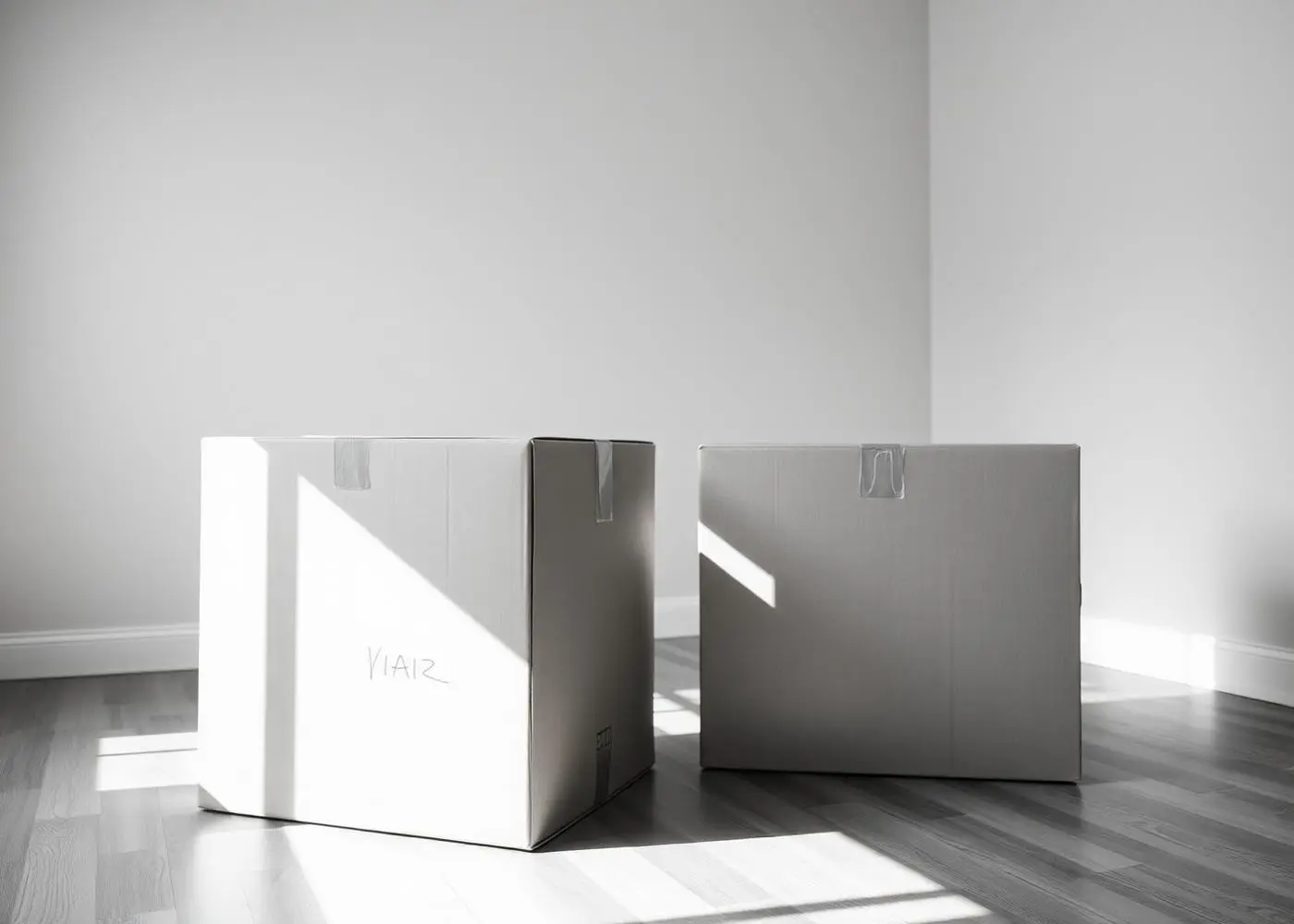 Two cardboard moving boxes in a sunlit empty room