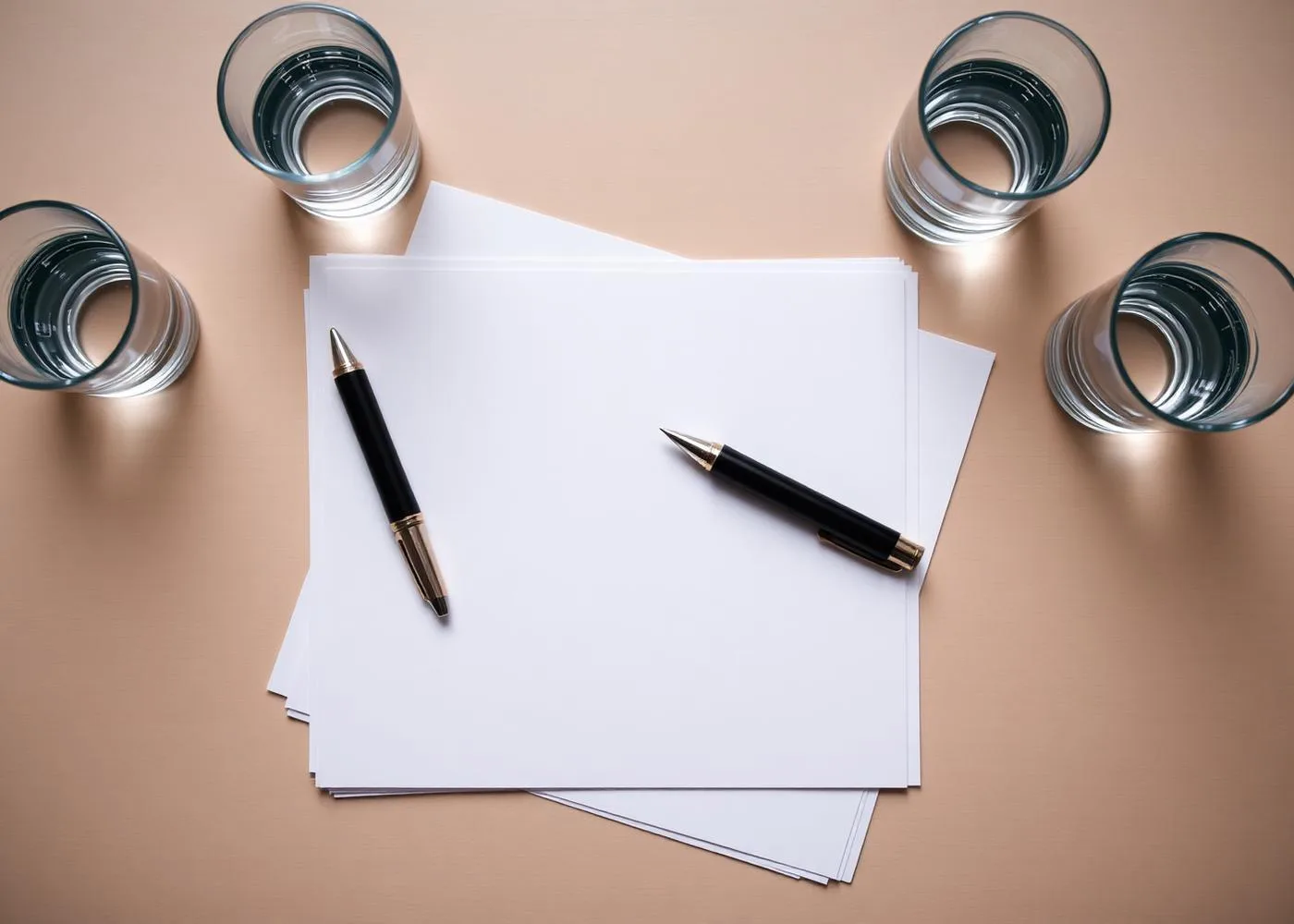 Two pens and stacked documents with two glasses of water on a calm beige surface