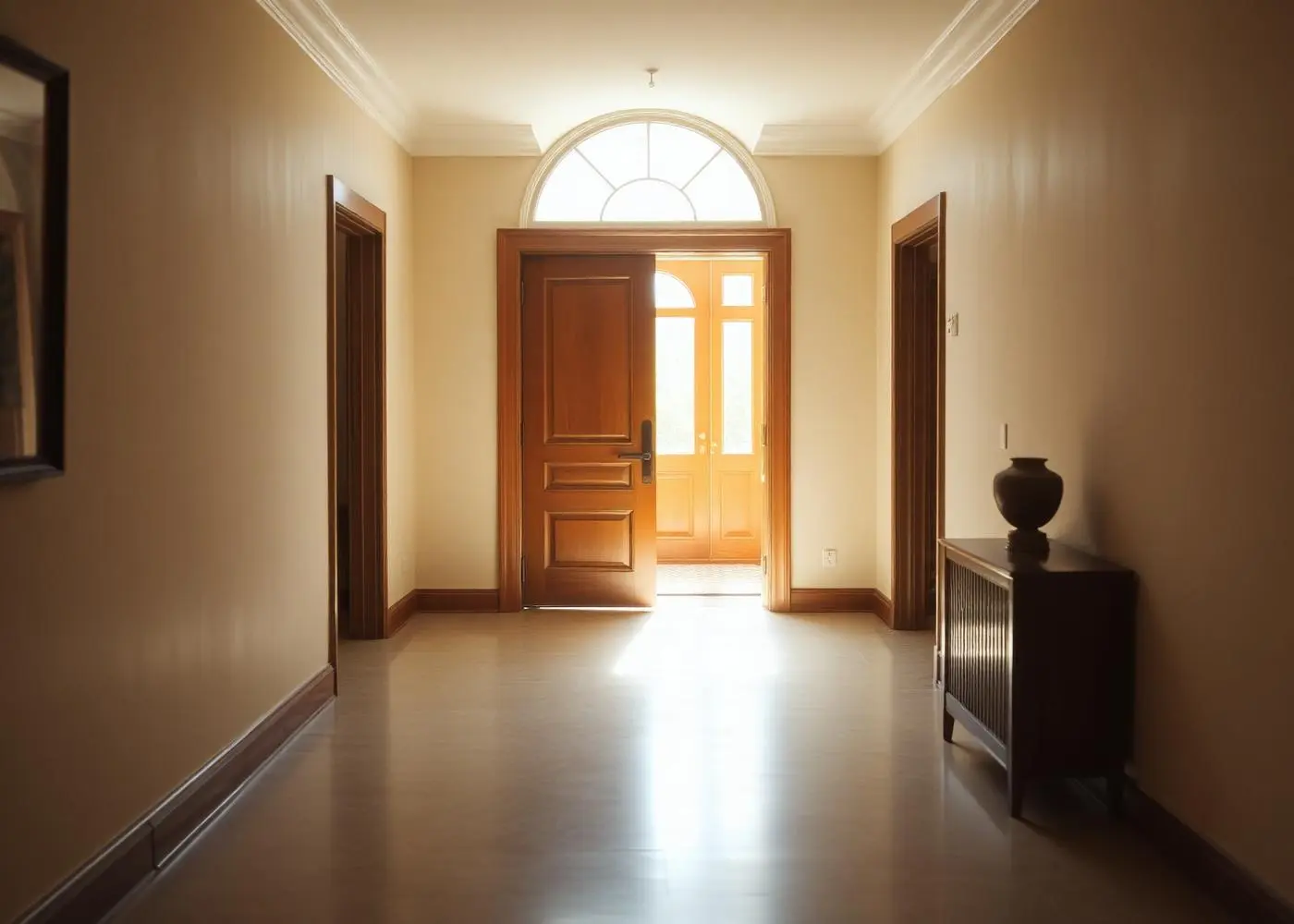 An open doorway with warm sunlight spilling into a hallway