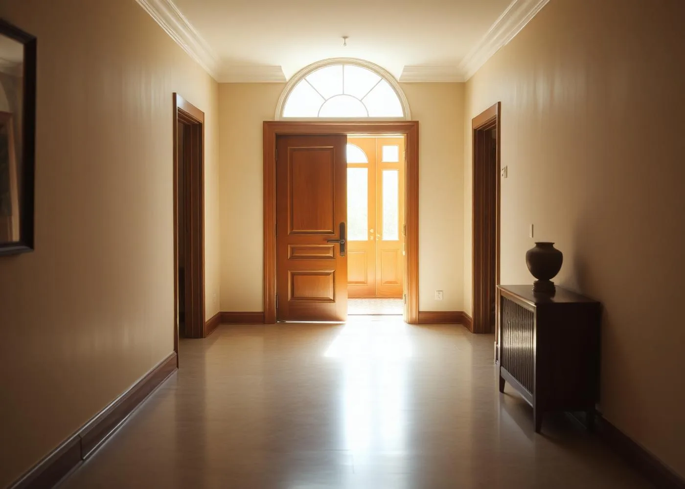 An open doorway with warm sunlight spilling into a hallway