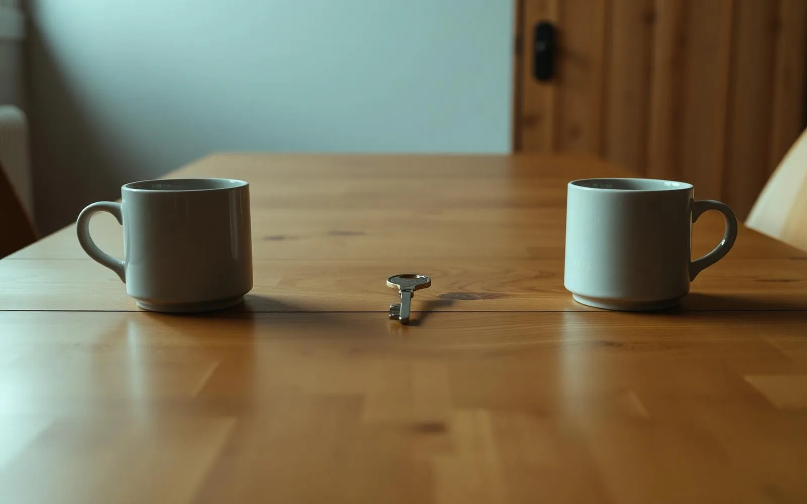 A wooden table with two coffee mugs at opposite ends and a single house key in the middle