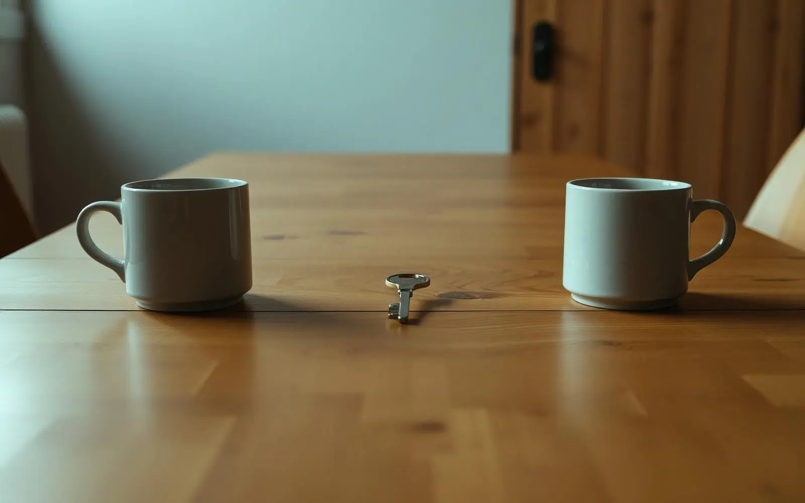 A wooden table with two coffee mugs at opposite ends and a single house key in the middle