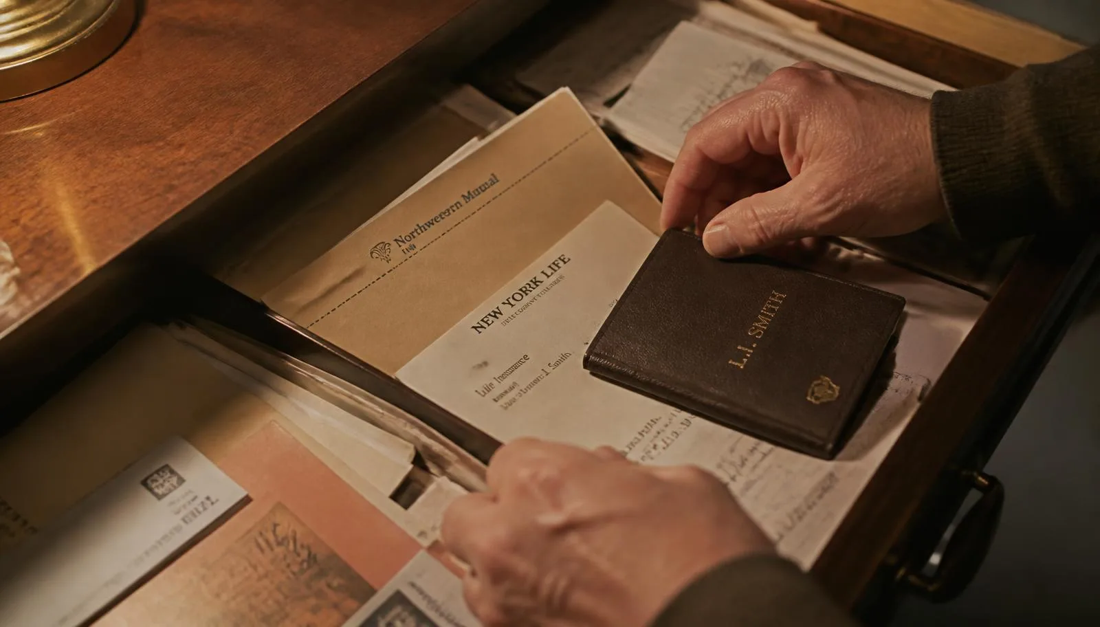 Hands sorting through an open wooden desk drawer full of old documents, manila folders and a leather checkbook under warm lamp light