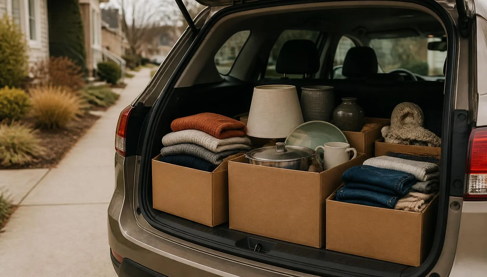 Cardboard boxes of folded clothes, a lamp, pottery and kitchen goods loaded in an open car trunk for a charity donation drop-off