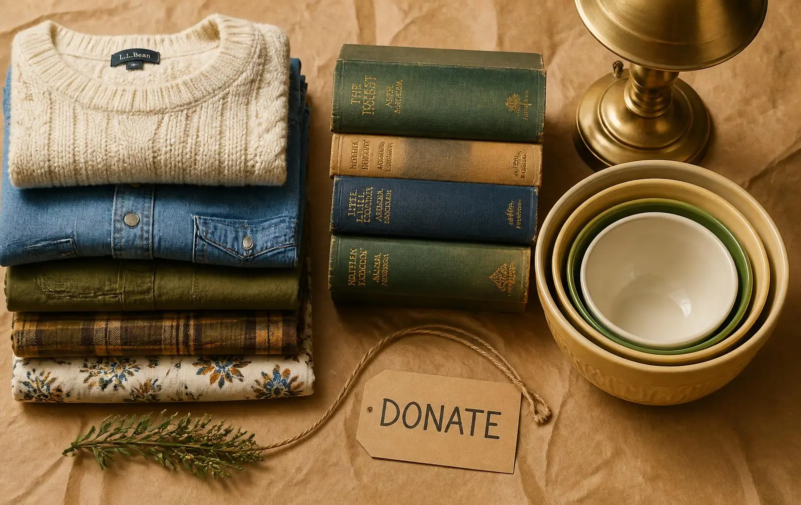 A warm overhead flat lay of folded vintage clothing, a stack of leather-bound books, a small brass lamp, and stacked ceramic mixing bowls on kraft paper with a handwritten donate tag on twine