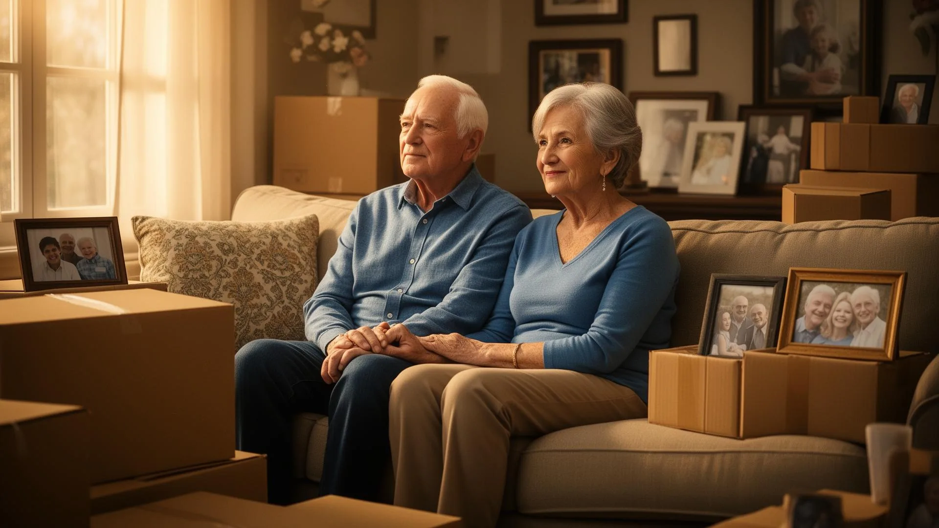 Senior couple sitting calmly together with packing boxes and family photographs