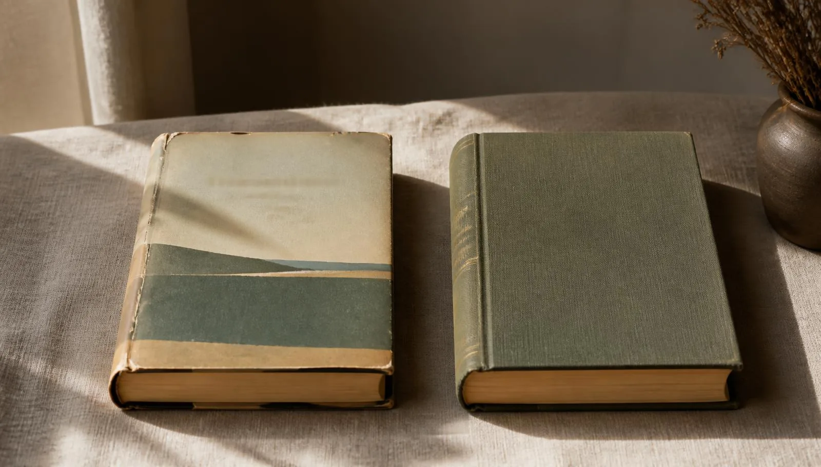 Two identical mid-century hardcover novels side by side, one with its paper dust jacket intact and one bare cloth