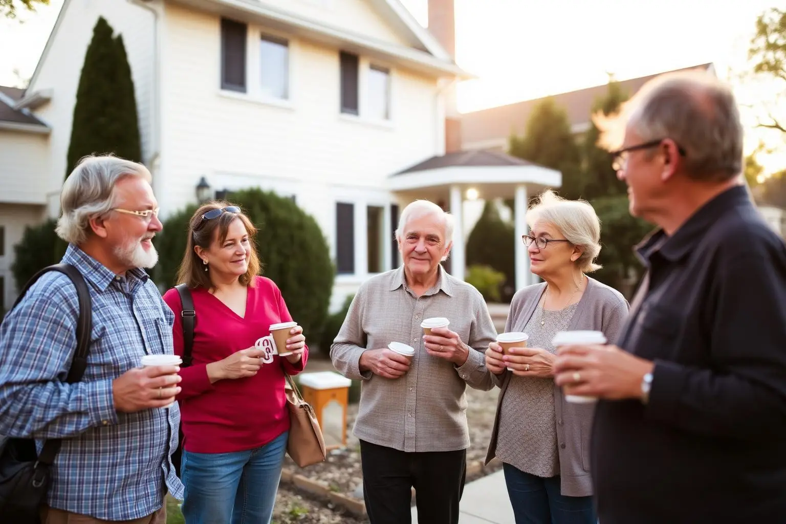 A small group of estate sale regulars chatting outside a suburban house in early morning light, holding coffee cups.