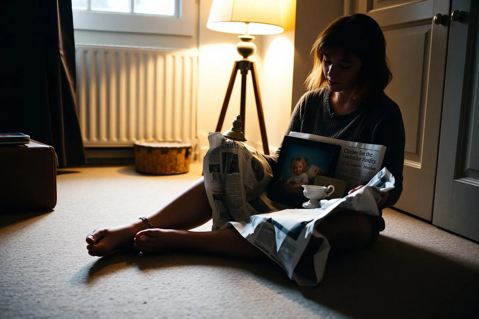 A person sitting on the floor of their apartment unwrapping vintage finds from newspaper under warm lamp light.