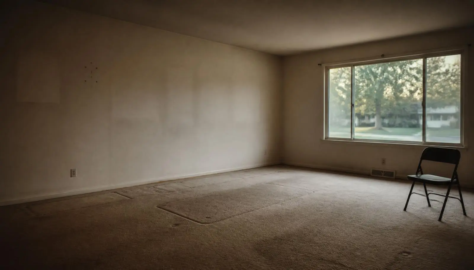 An emptied suburban living room after an estate sale, with furniture indentations in the carpet, pale rectangles on the wall and one folding chair by the window