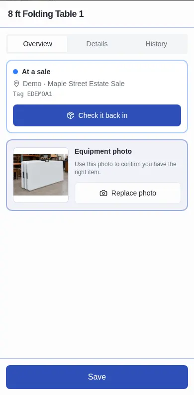Actual equipment detail showing current sale, tag code, photo, and one-tap check-in