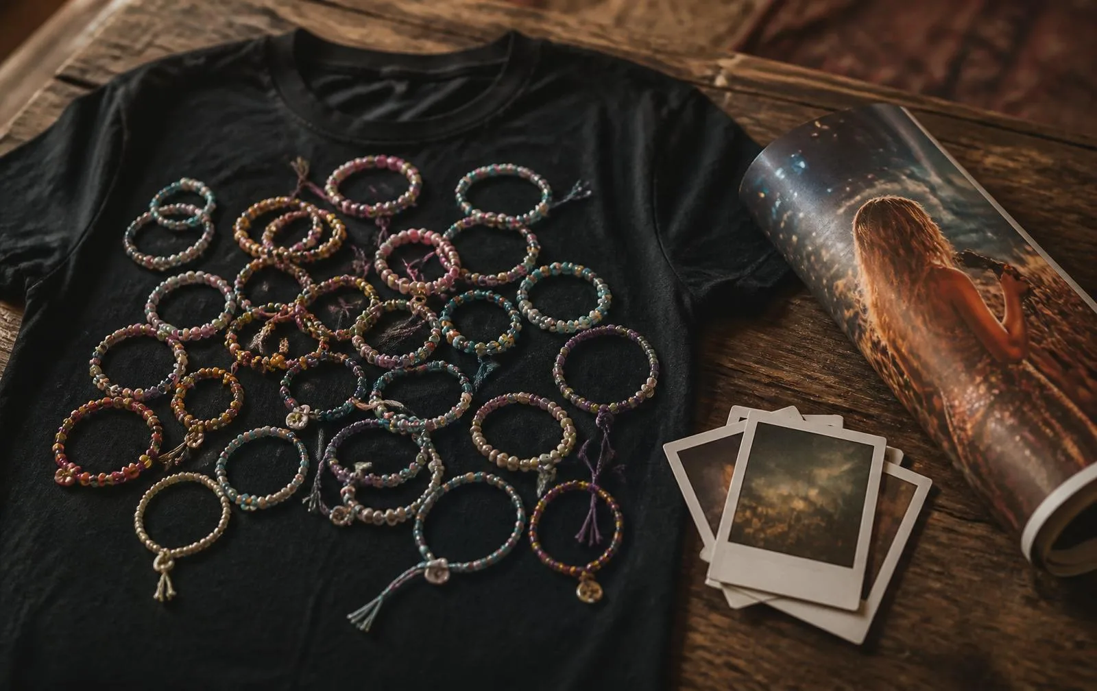 Editorial photo of an Eras Tour t-shirt spread on a wooden table covered in dozens of handmade friendship bracelets with beaded letter charms next to a folded tour poster and Polaroid photos