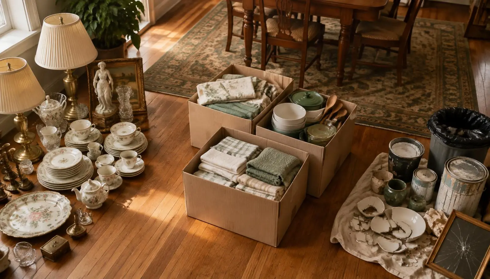 Belongings sorted on a dining room floor during an estate cleanout: china and lamps to sell, linens and kitchenware boxed for donation, broken items and old paint cans for disposal
