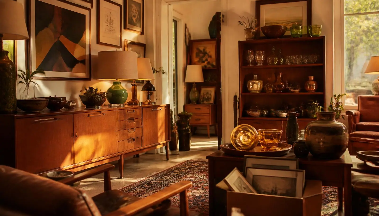 Estate sales sell the contents of an entire, lived-in home — furniture, glassware, art, and collectibles — not donation-bin leftovers.