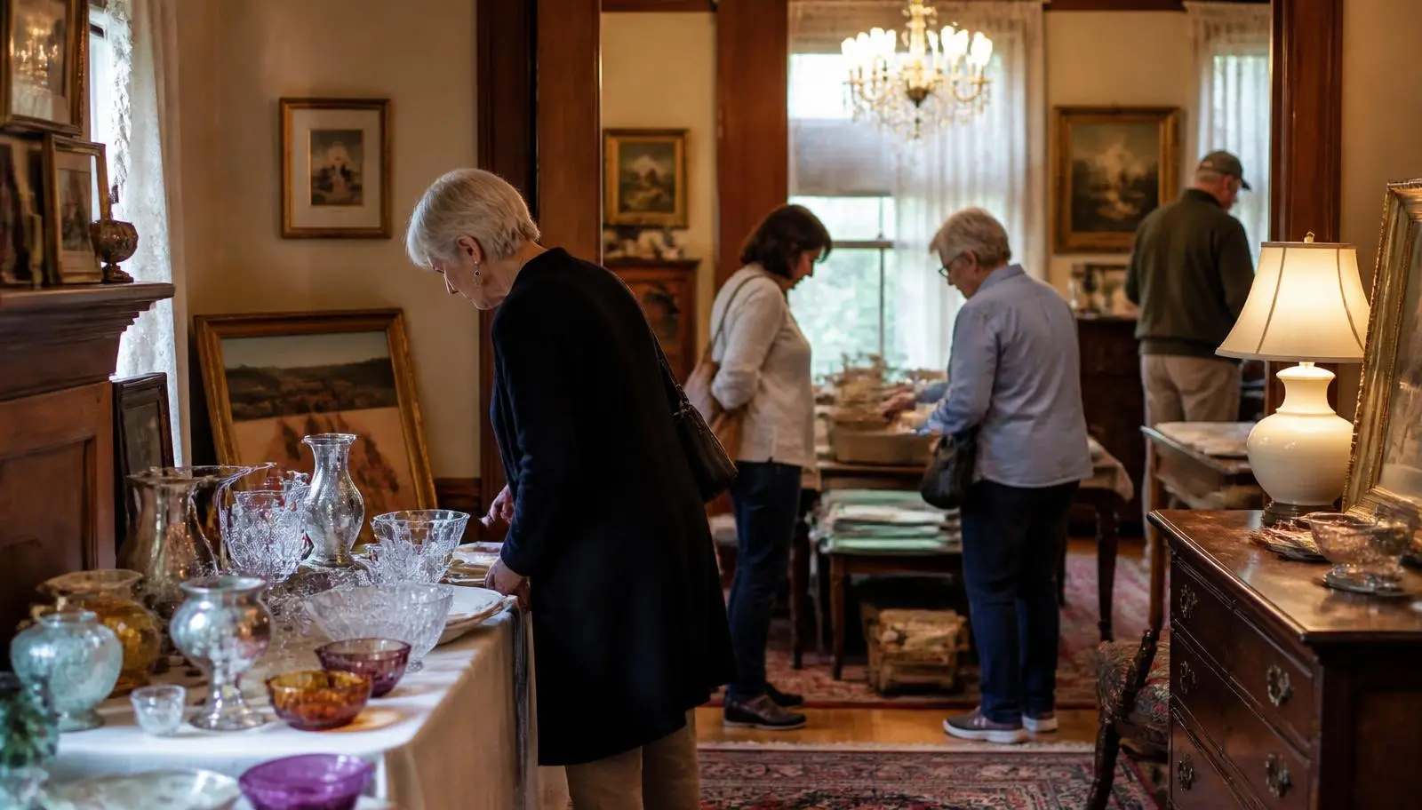 Shoppers browsing tables of vintage glassware, framed art and small furniture at a tastefully arranged estate sale inside an older home
