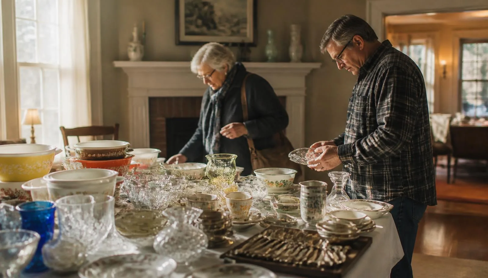 Shoppers browsing tables of vintage glassware, framed art and small furniture at a tastefully arranged estate sale inside an older home