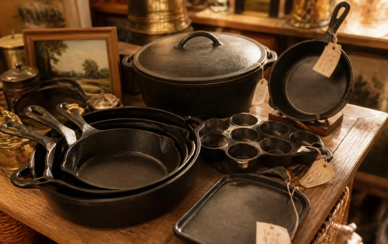 A collection of vintage cast iron skillets, a dutch oven, and a cornbread pan displayed on an estate sale table