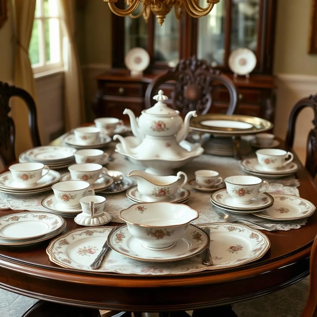 A formal dining table set with a full vintage floral china service including teapot, gravy boat, cups, saucers, and dinner plates