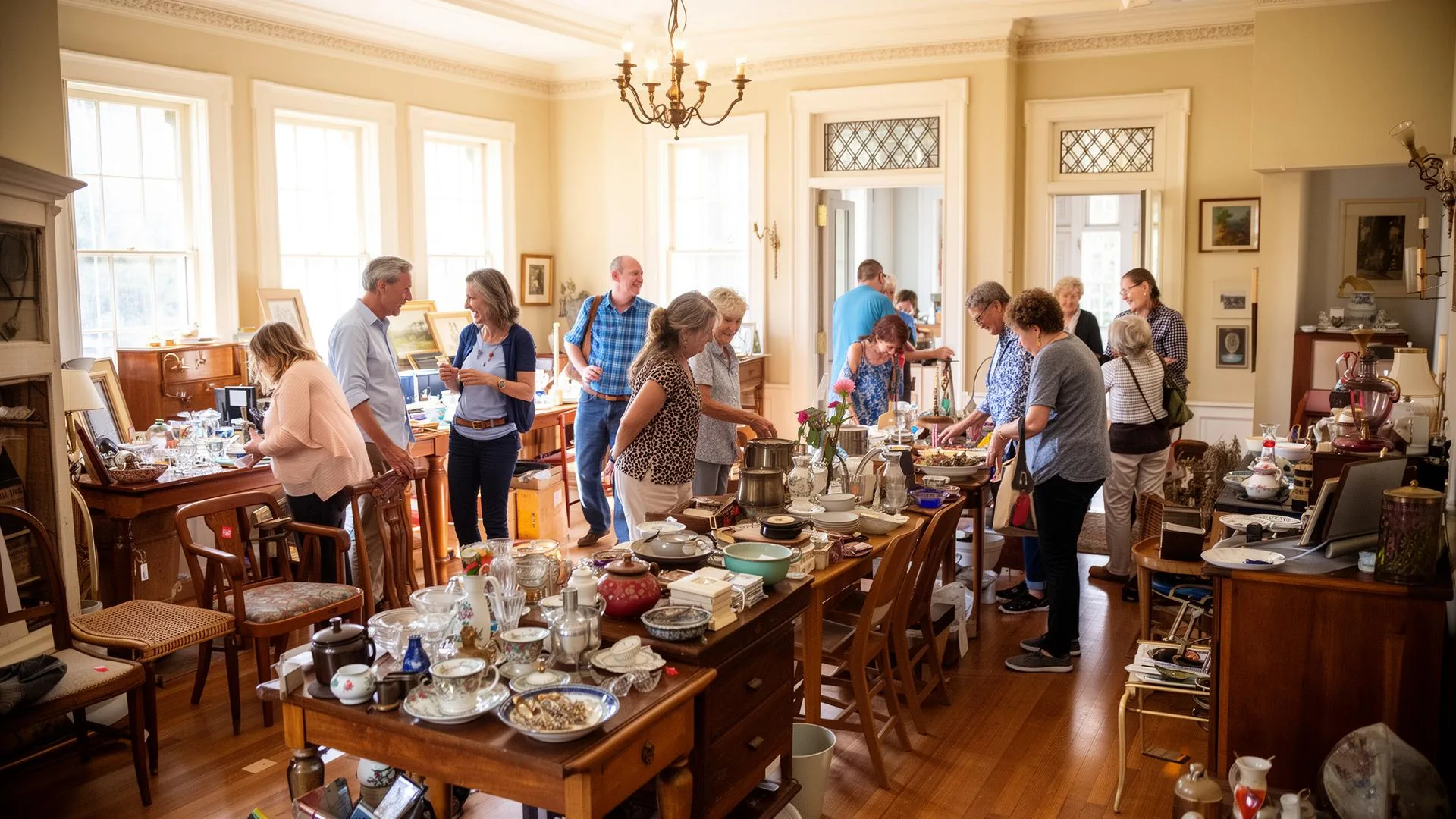 Friendly shoppers browsing a beautiful estate sale inside an older home