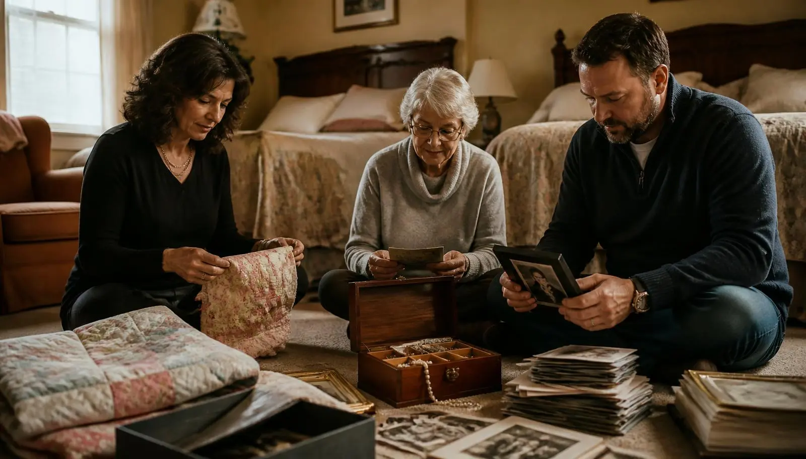 Three family members sitting on a bedroom floor sorting quilts, photo albums and a jewelry box into piles