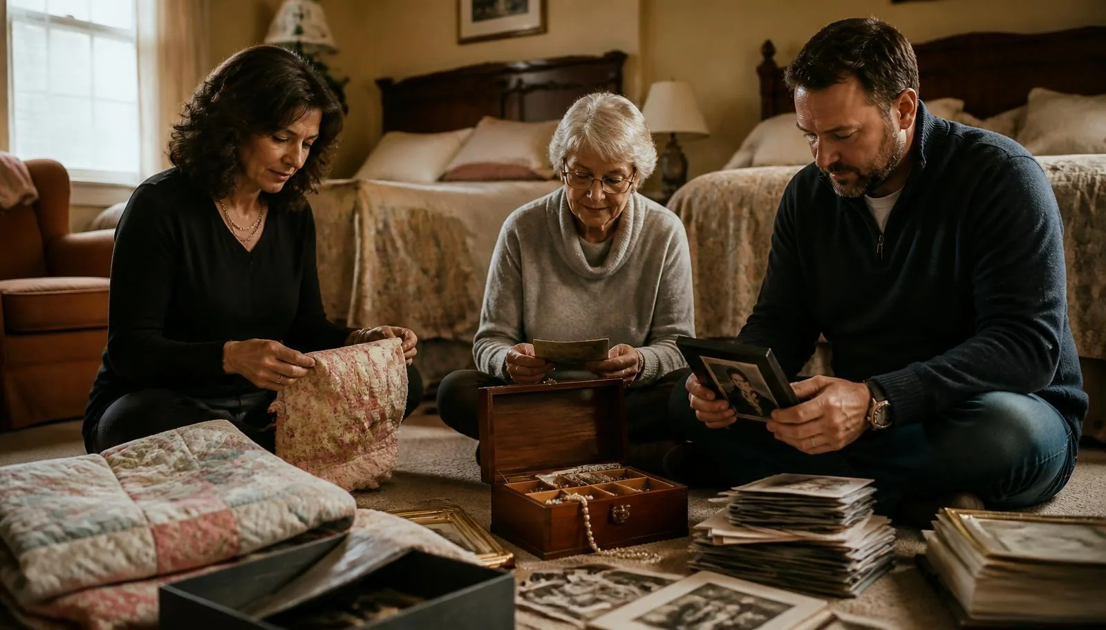Three family members sitting on a bedroom floor sorting quilts, photo albums and a jewelry box into piles