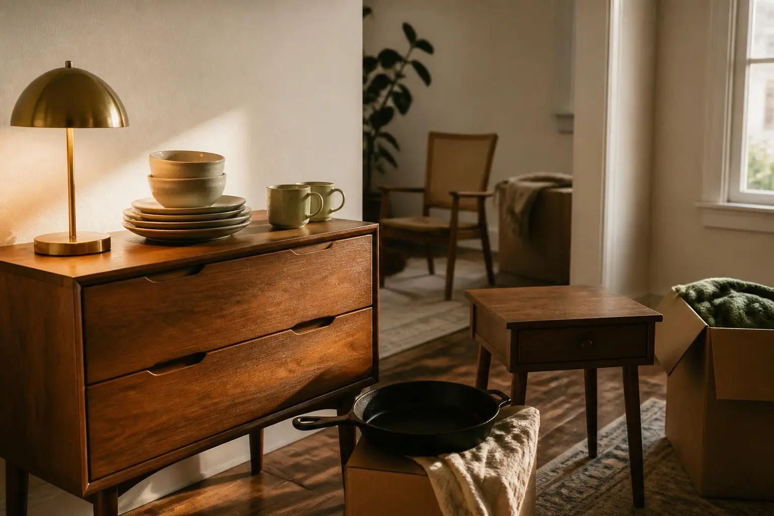 First-apartment starter pieces staged in an estate sale house — a wood dresser, brass lamp, stacked dinnerware and a cast iron skillet