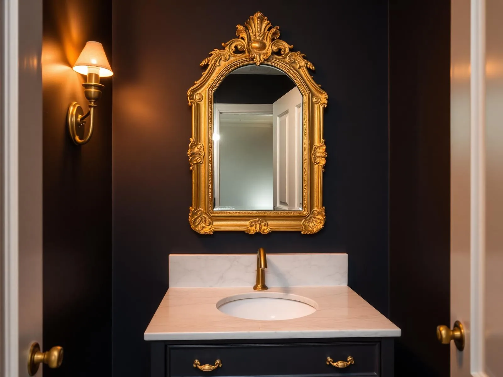 Renovated powder room with vintage gold-framed mirror, brass faucet and brass hardware