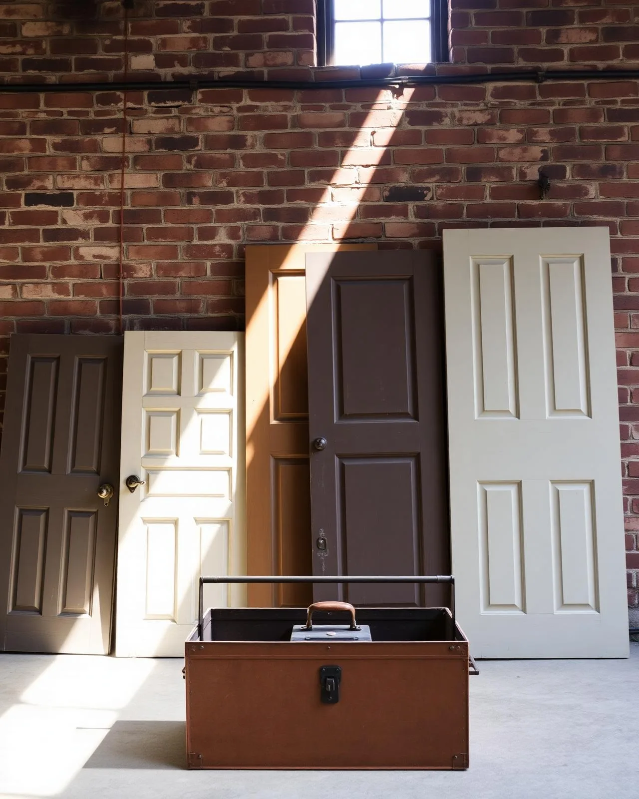 Salvaged vintage interior doors leaning against an exposed brick wall