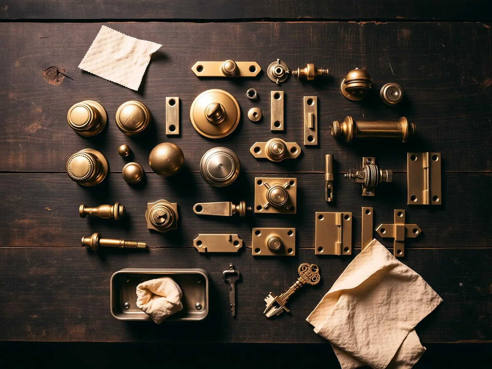 Overhead workbench flat-lay of vintage brass door hardware