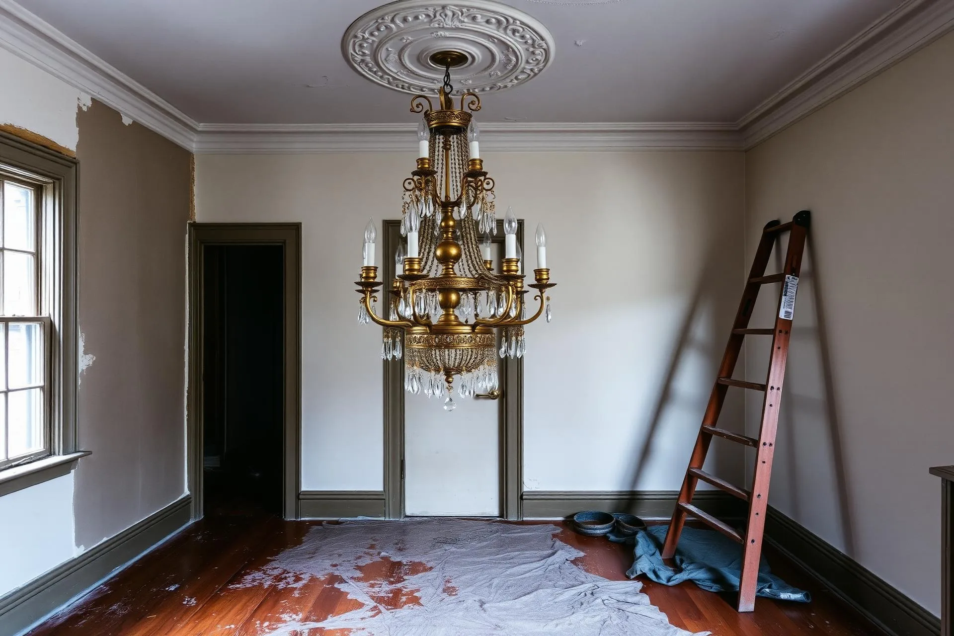 Vintage brass and crystal chandelier hanging in a Victorian renovation