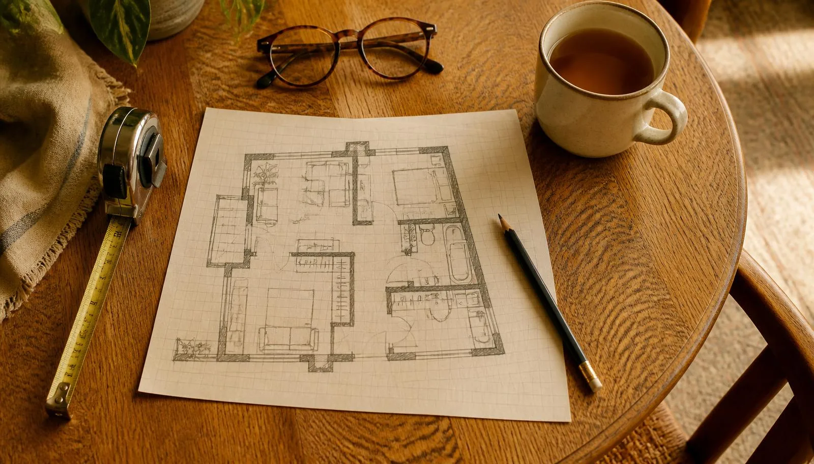 A hand-sketched apartment floor plan on graph paper with a tape measure, pencil, reading glasses and a mug of tea on an oak table