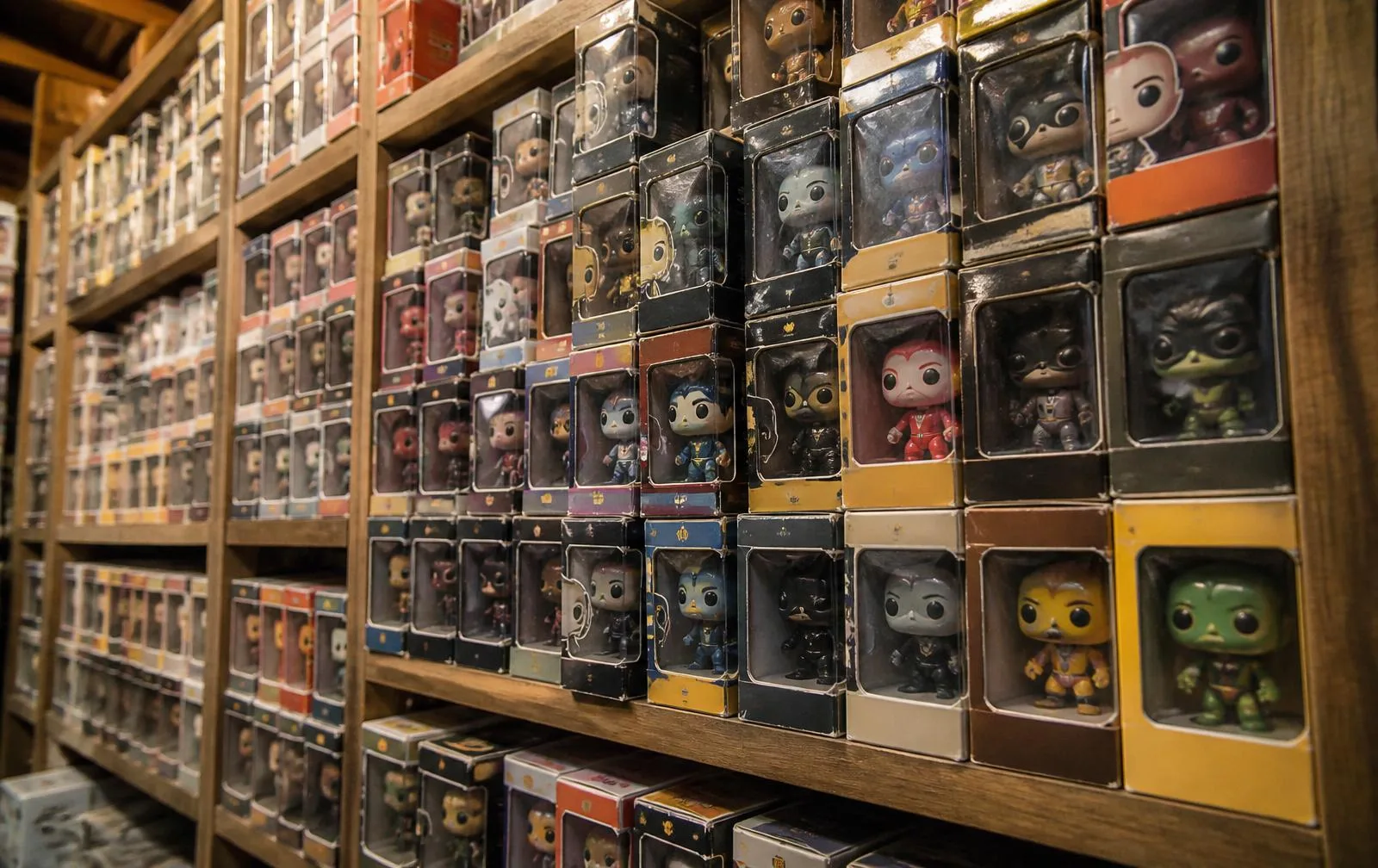 Editorial photo of dense wooden shelves at an estate sale packed with dozens of Funko Pop vinyl figures still in their boxes, some sun-faded, and a large handwritten sign reading 'Funkos $1 each or 10 for $5'