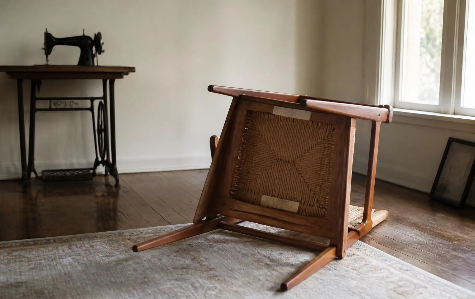 Mid-century teak lounge chair tipped forward showing a small paper manufacturer label underneath, in an emptying room with a treadle sewing machine behind
