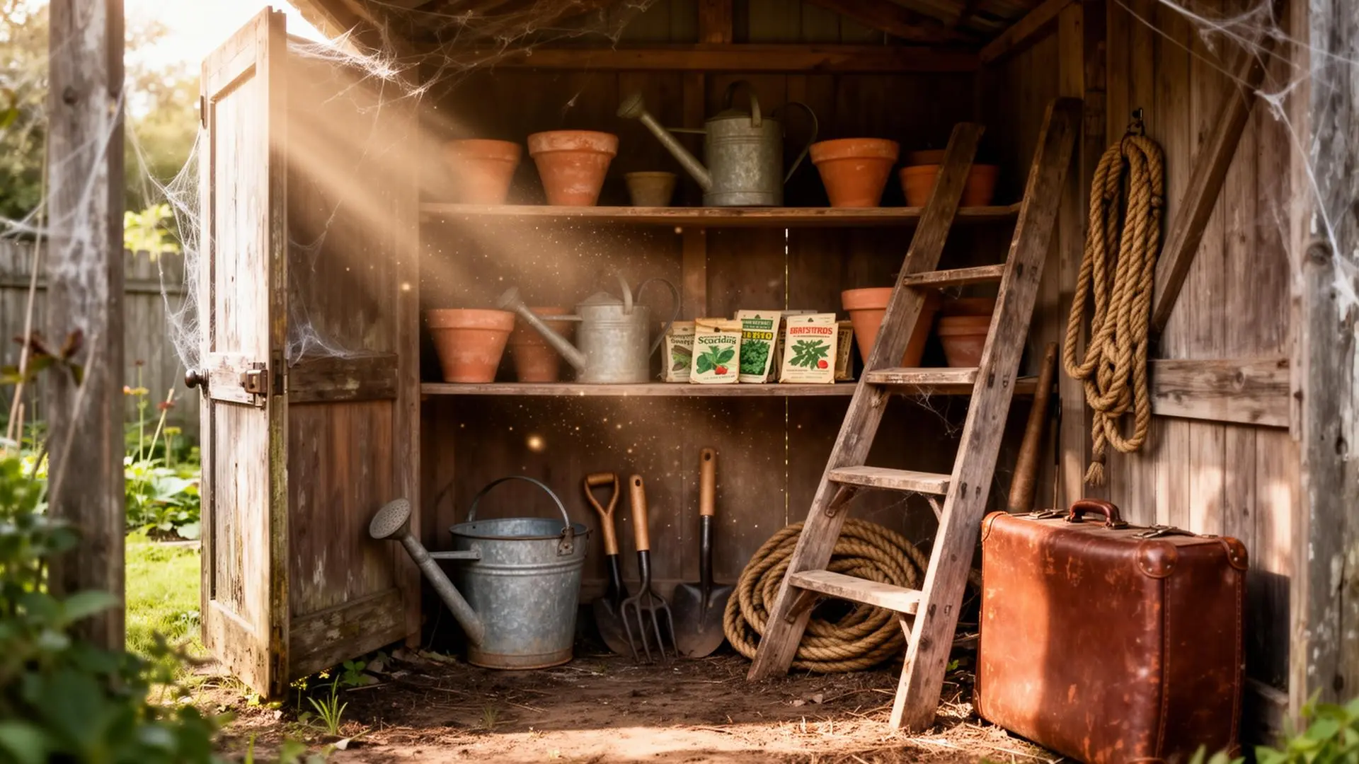 The interior of a weathered backyard garden shed at an estate sale, sunlight streaming through the open door onto shelves of clay pots, vintage watering cans, garden tools, coiled rope, an old wooden ladder, and a forgotten leather suitcase in the corner.