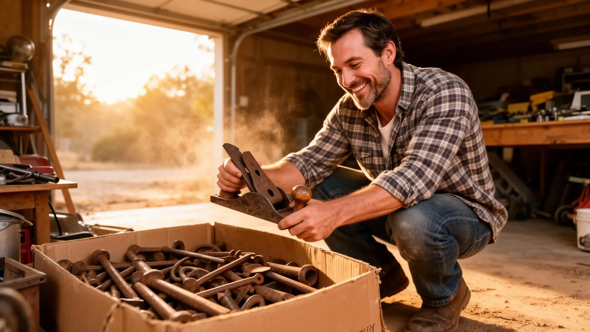 A happy man in a flannel shirt crouched in a dusty garage at an estate sale, smiling as he lifts an old hand plane out of a cardboard box of rusty tools, backlit by warm golden morning light.