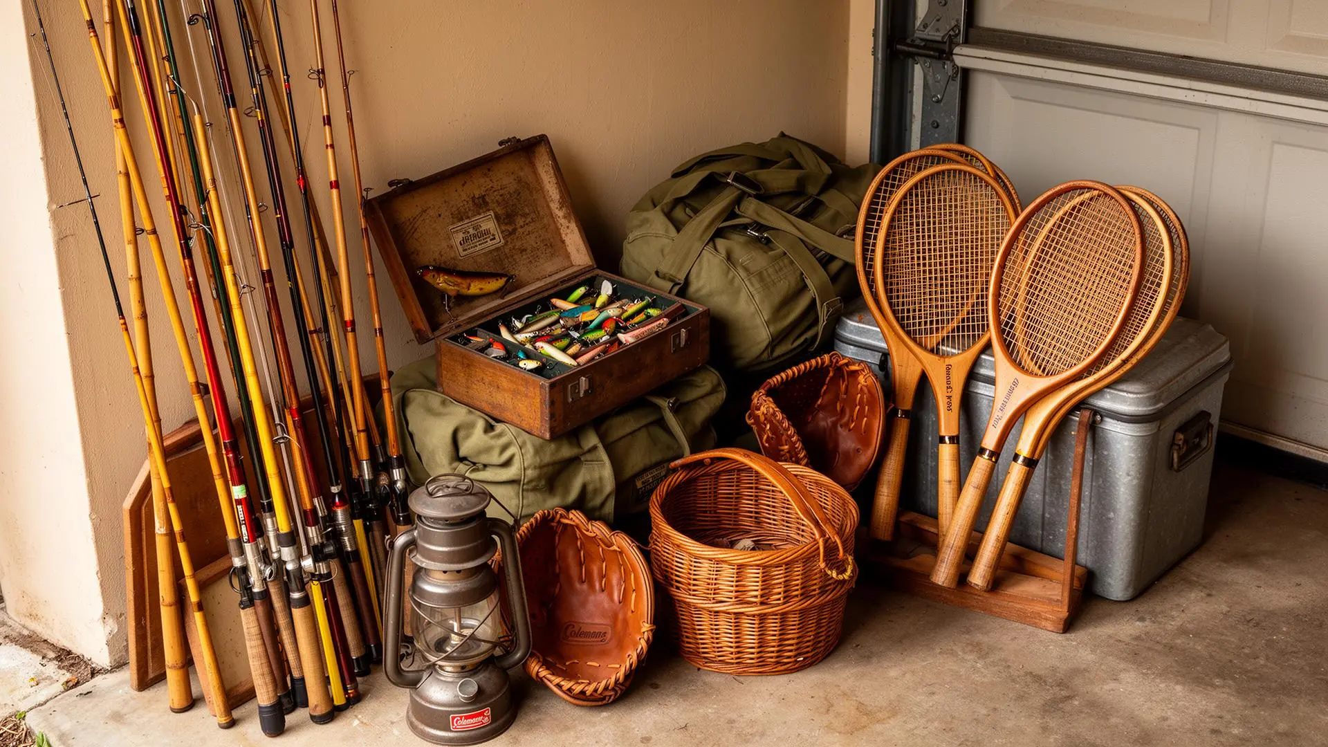 A garage corner full of vintage outdoor gear — bamboo and fiberglass fishing rods, an open tackle box of colorful lures, a brass camping lantern, leather baseball gloves, wooden tennis rackets, and an old metal cooler.