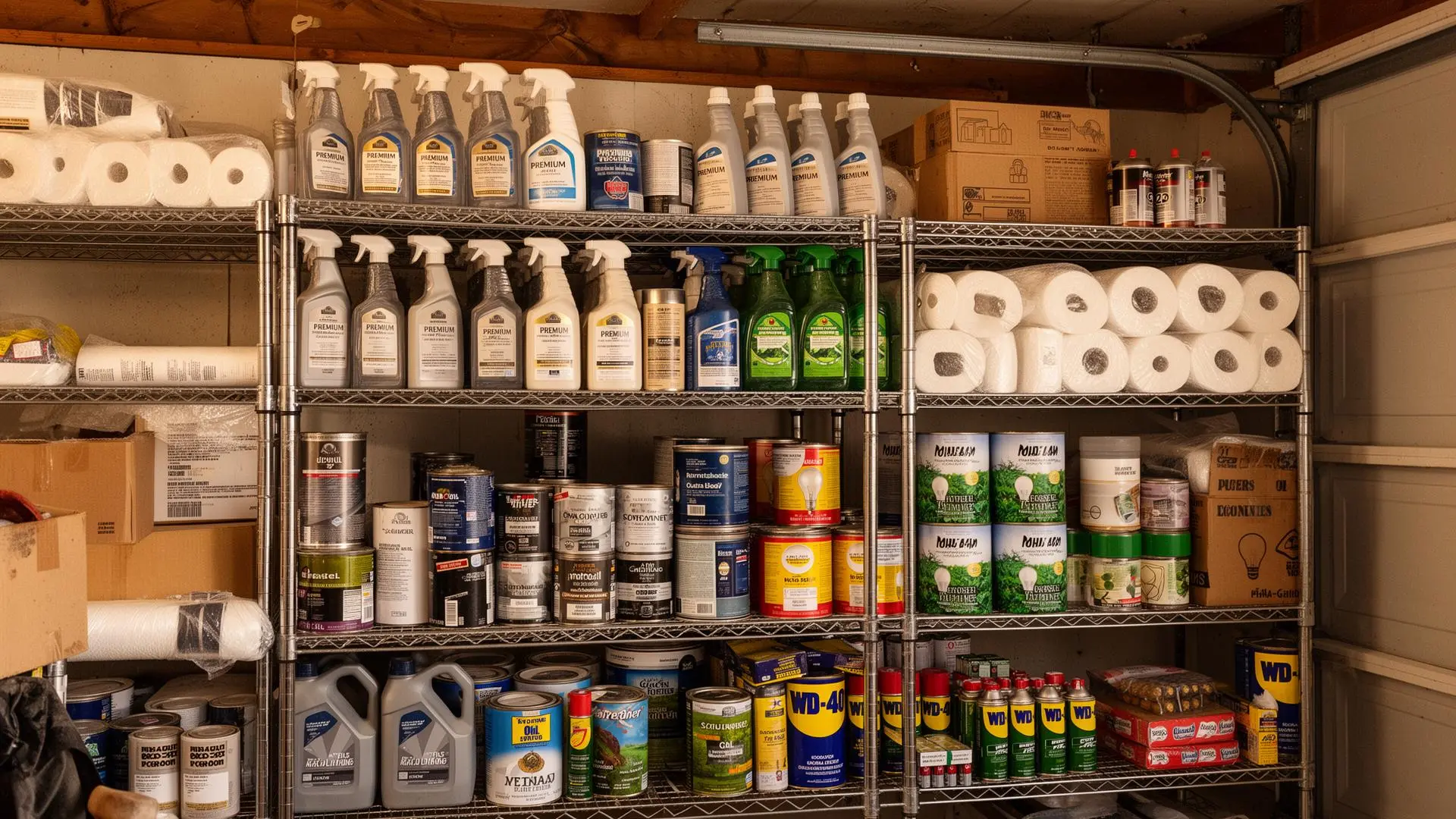 Metal garage shelving stacked with sealed, unused household supplies at an estate sale — premium cleaning bottles, unopened paint cans, paper towel rolls, light bulbs, motor oil, and WD-40.