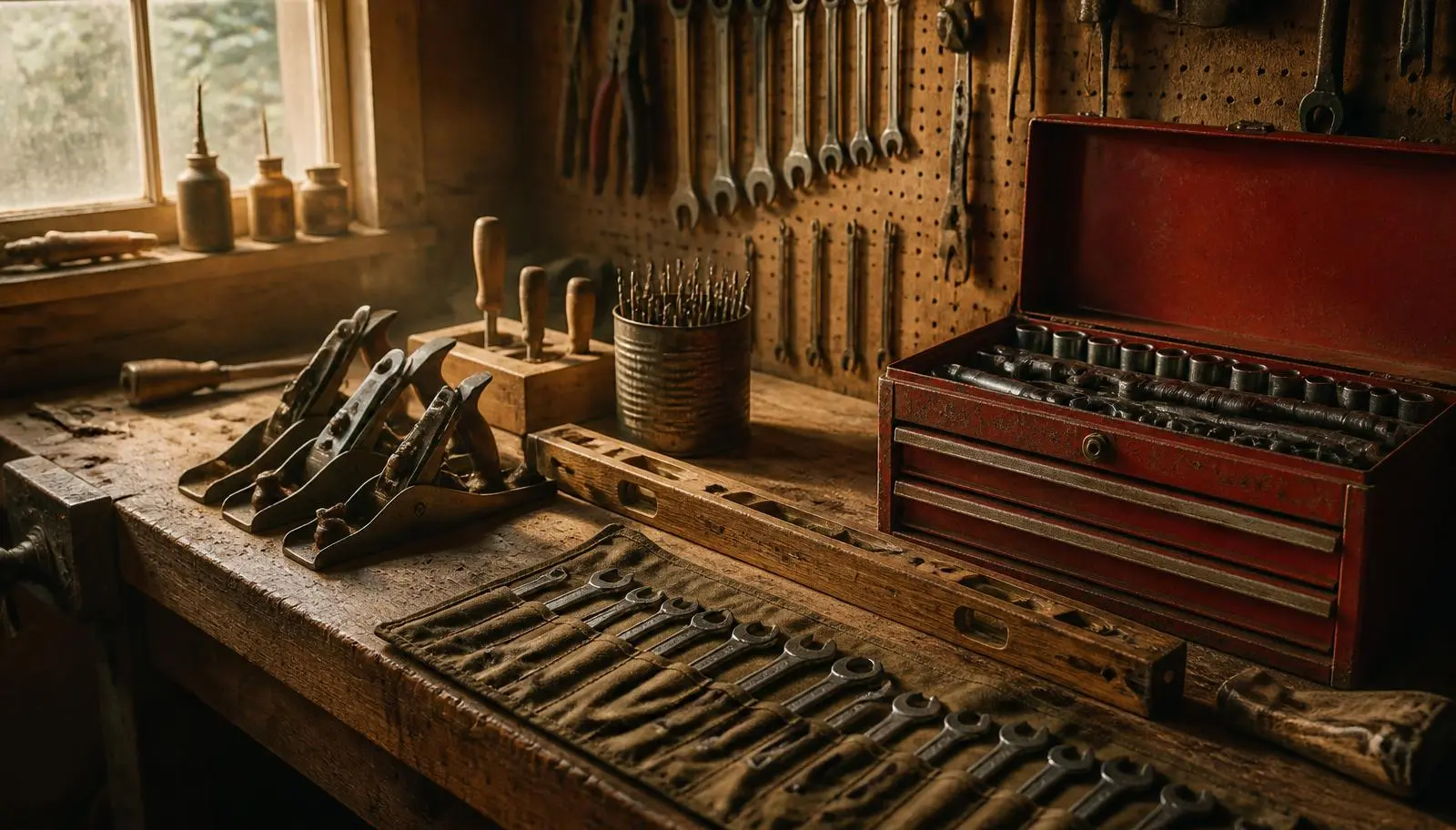 An old suburban garage workbench covered in hand planes, wrenches in a roll, a socket set in a red steel toolbox and a coffee can of drill bits