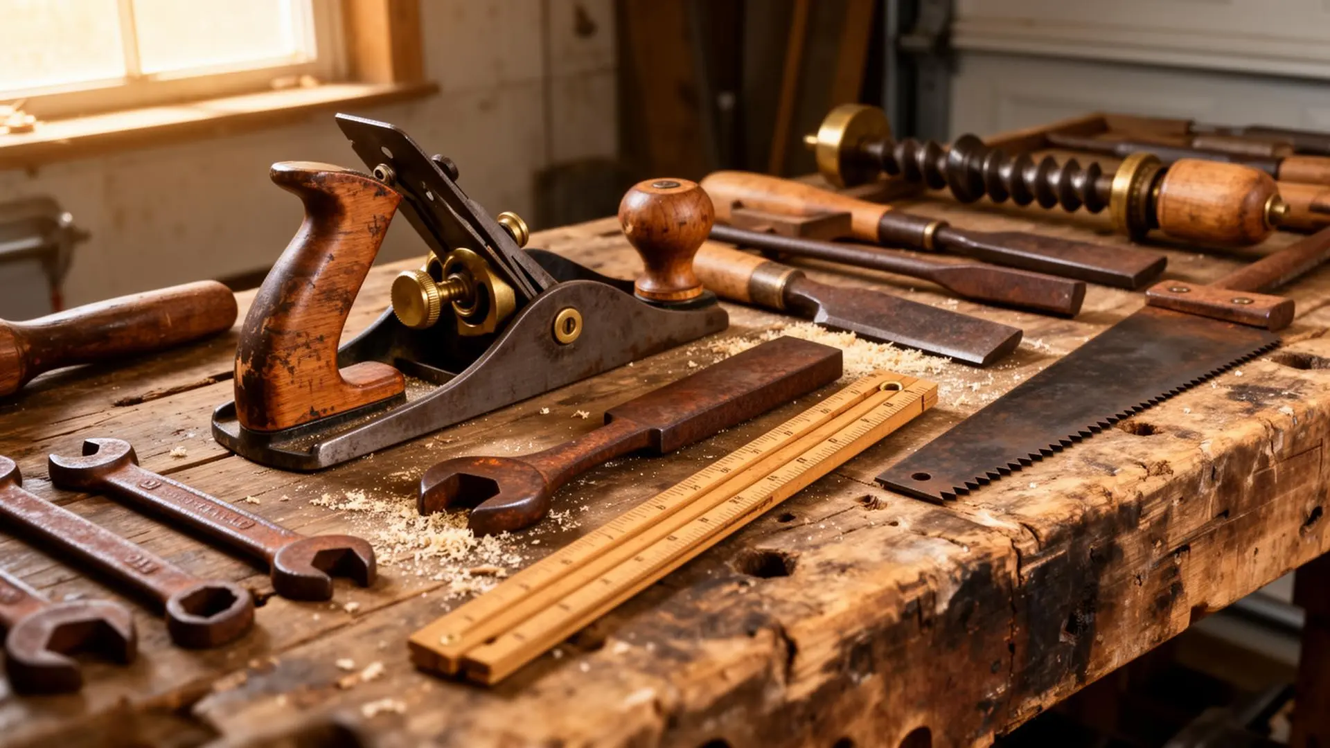 A close-up of vintage hand tools on a weathered wooden workbench — an antique hand plane with brass fittings, old chisels, a brace-and-bit drill, a folding wooden ruler, and a dovetail saw, lit by warm window light.