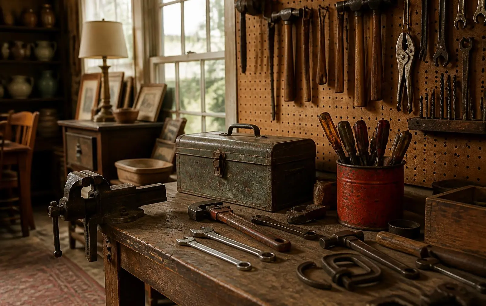 A pegboard wall of vintage hand tools above a worn workbench at an estate sale — Father's Day gifts that were built to last