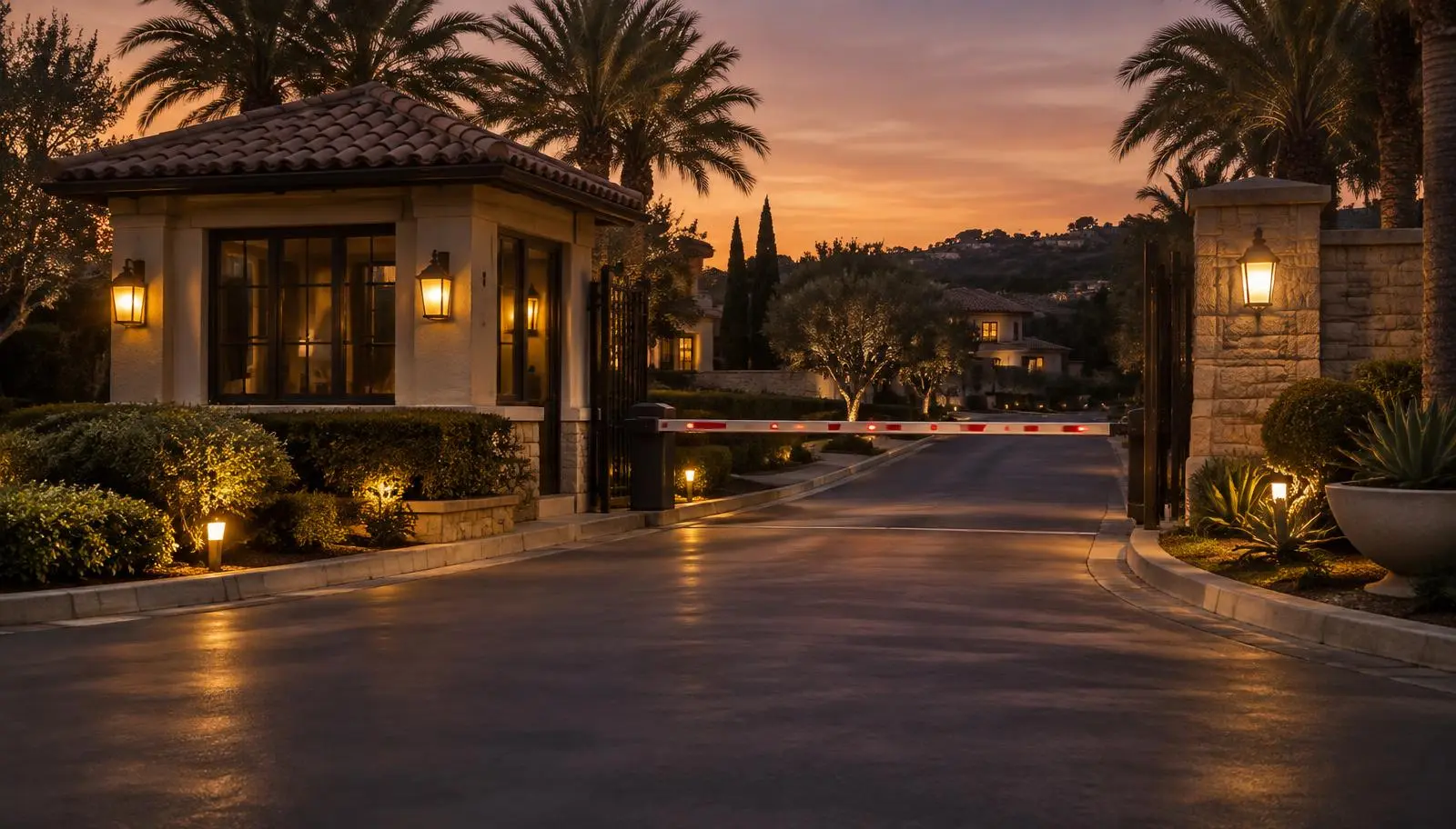 A quiet, empty gated-community entrance at dusk with the barrier arm down