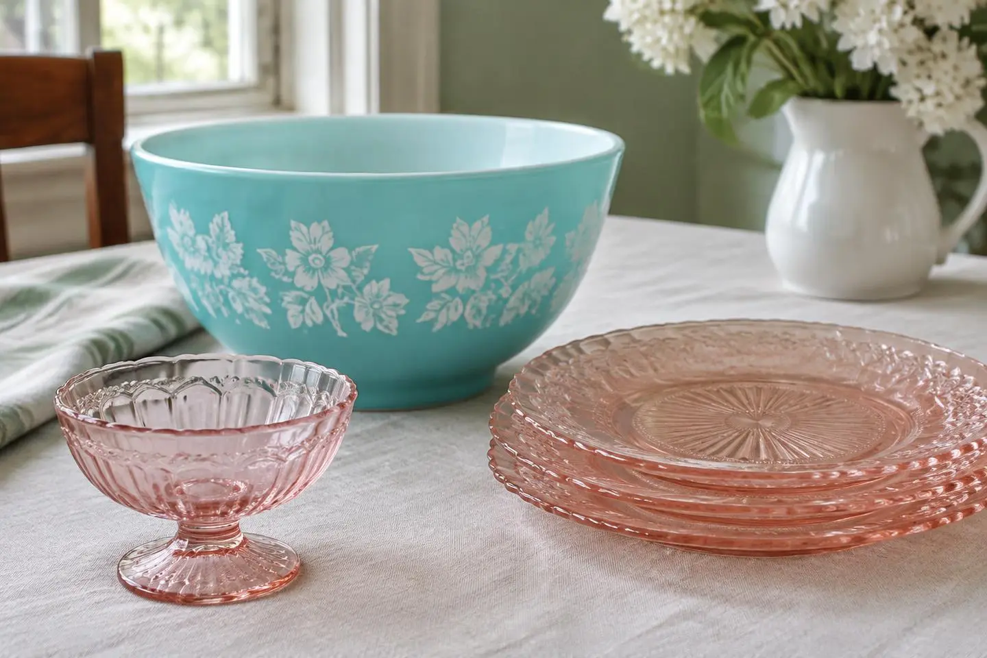 An opaque turquoise decorated mixing bowl beside translucent pink pressed glass plates and a dessert bowl