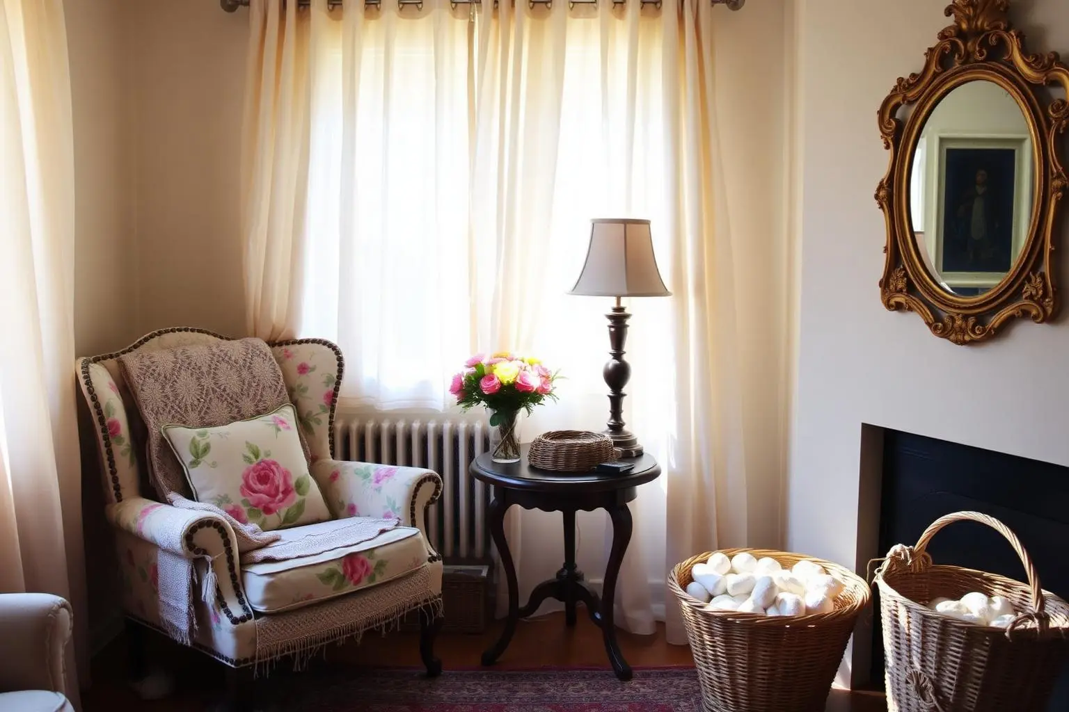 A grandmacore living room: floral wingback chair, crochet throw, needlepoint pillows, gilt mirror, wicker basket, soft sunlight.