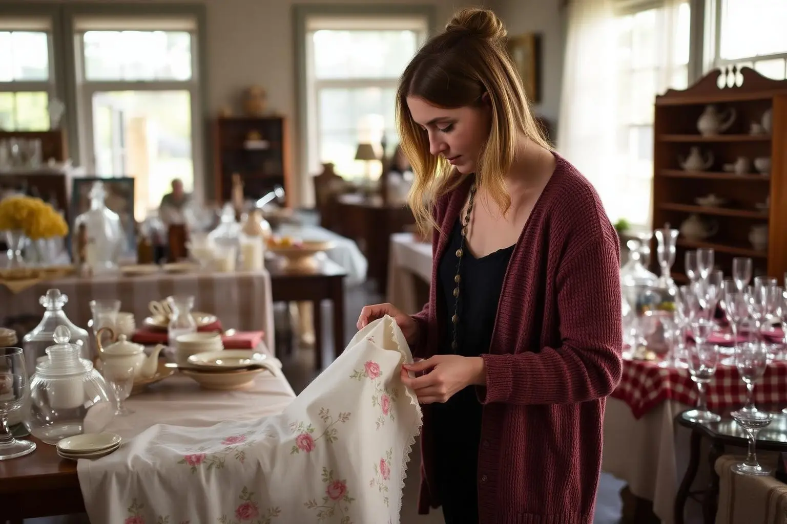 A young woman in a thrifted cardigan examining an embroidered linen tablecloth at an estate sale.