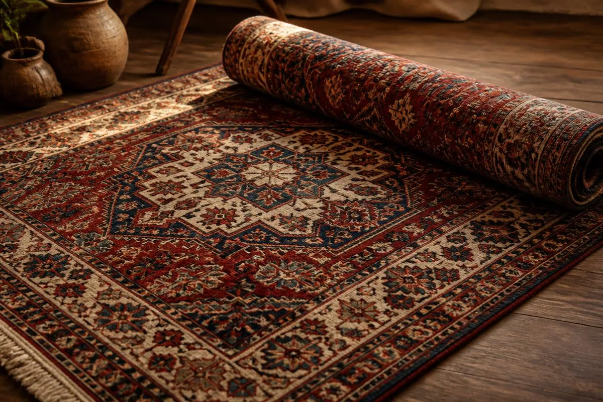 A handwoven vintage wool rug with intricate pattern partly rolled out
