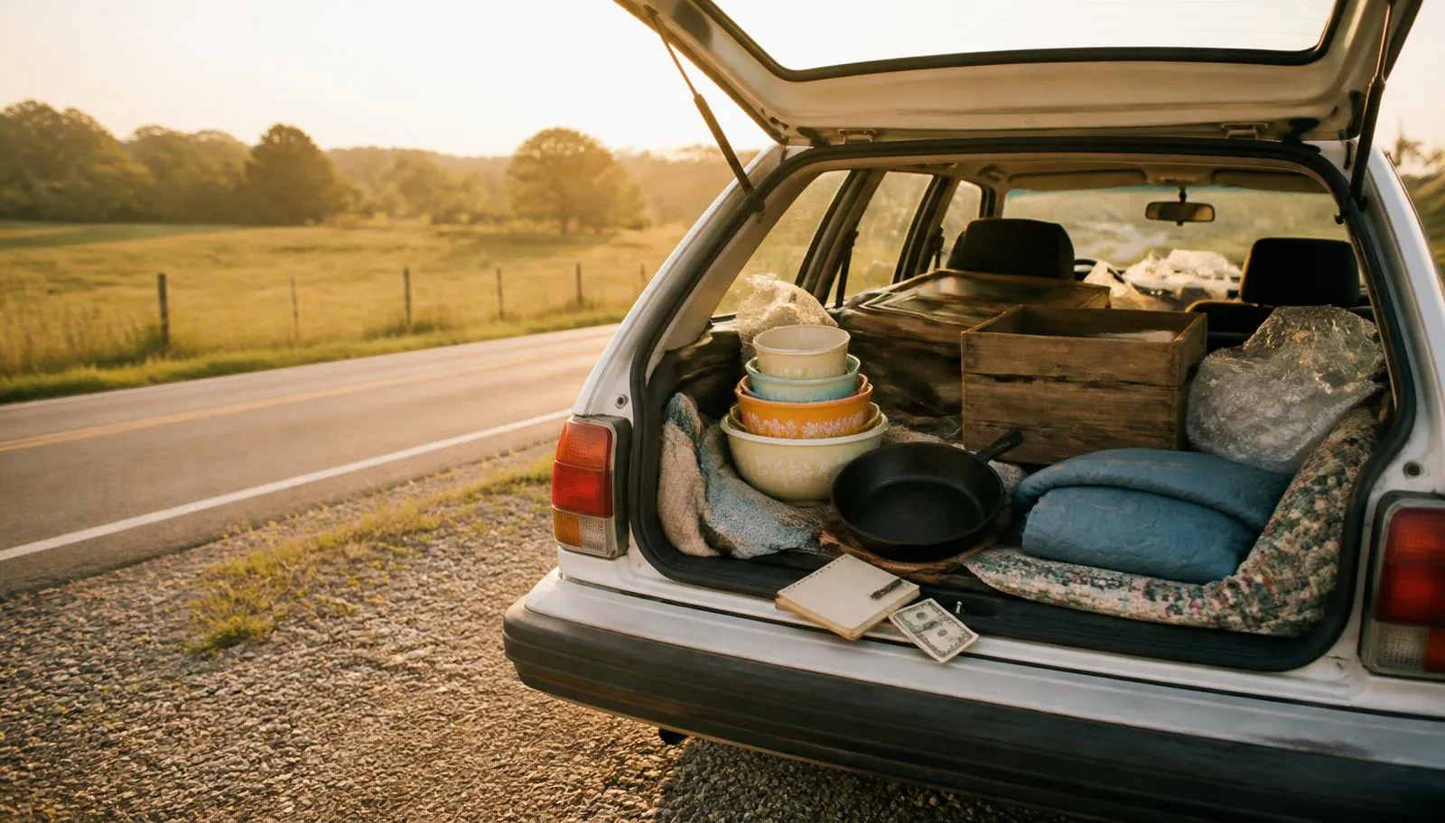 A hatchback trunk on a rural highway shoulder carefully packed with a cast iron skillet, stacked Pyrex bowls, a quilt and a wooden crate, wrapped in moving blankets