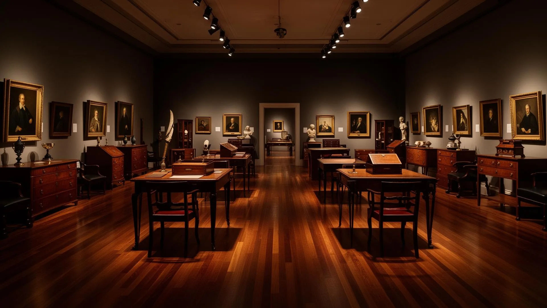 Auction house gallery with lots laid out for preview day, mahogany furniture and porcelain