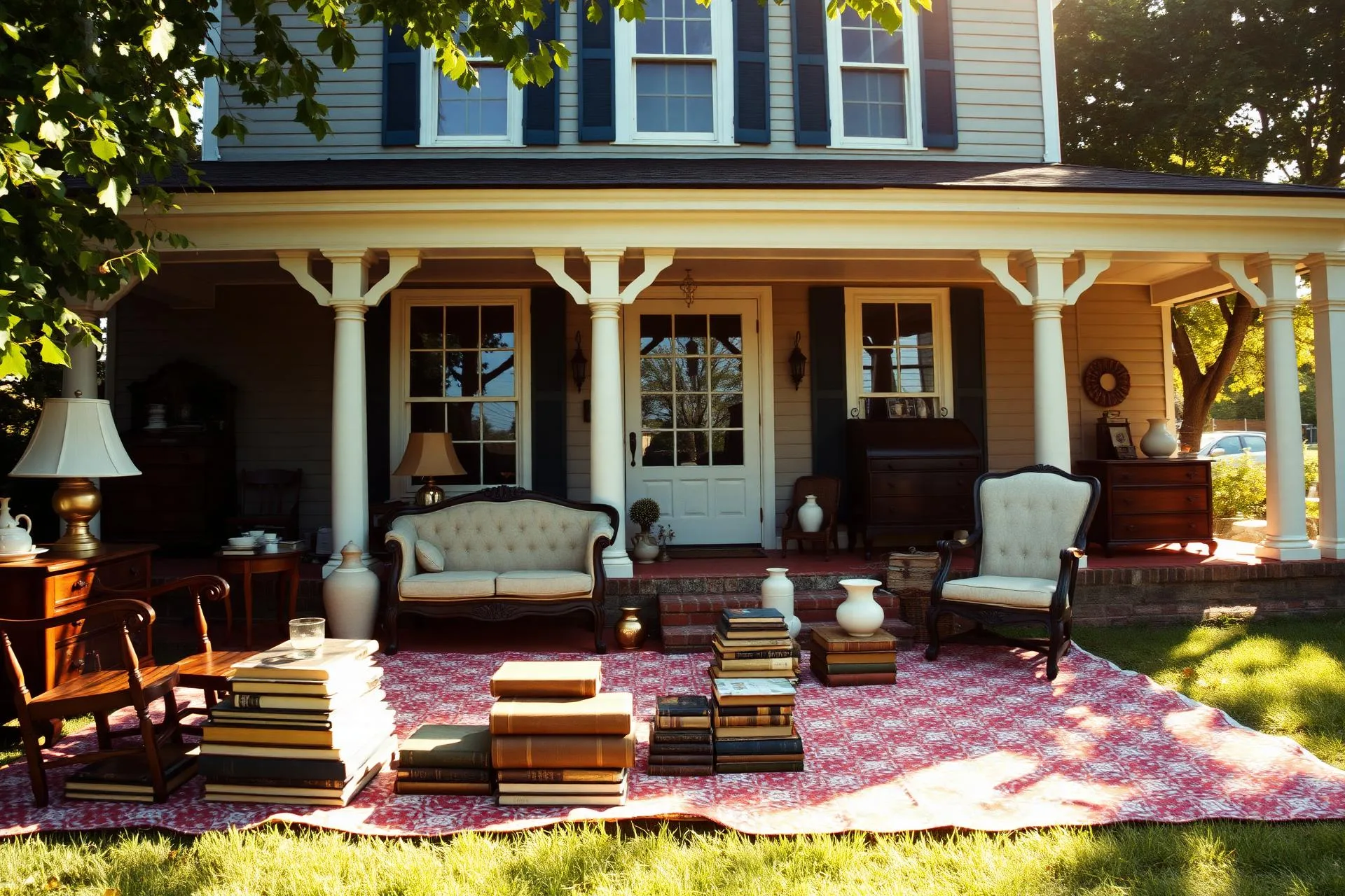 Sunlit estate sale porch with vintage treasures, brass lamps, old books, and ceramic vases
