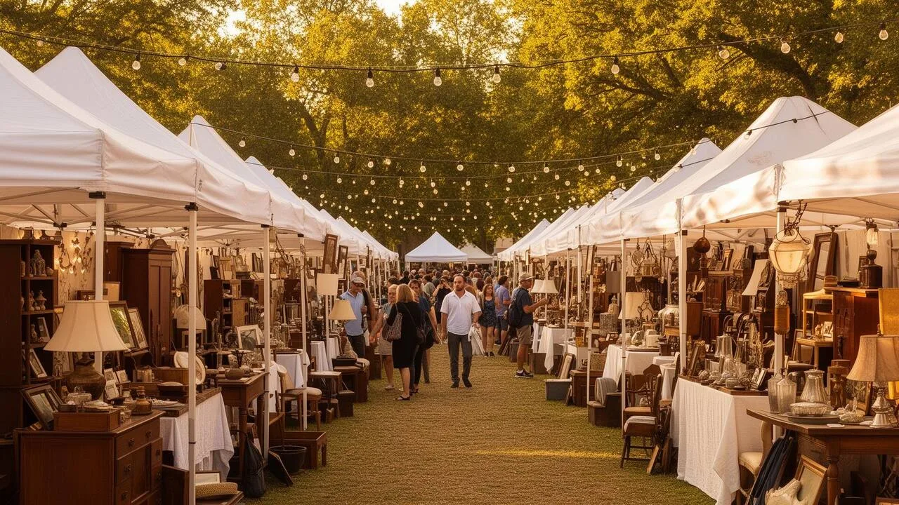 Bustling outdoor vintage fair with vendor booths, shoppers browsing antiques and string lights